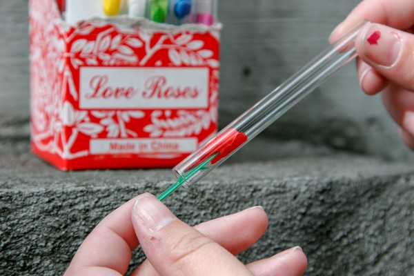 A human removing a red, plastic rose from a glass tube; an open box of multicolored love roses is in the background